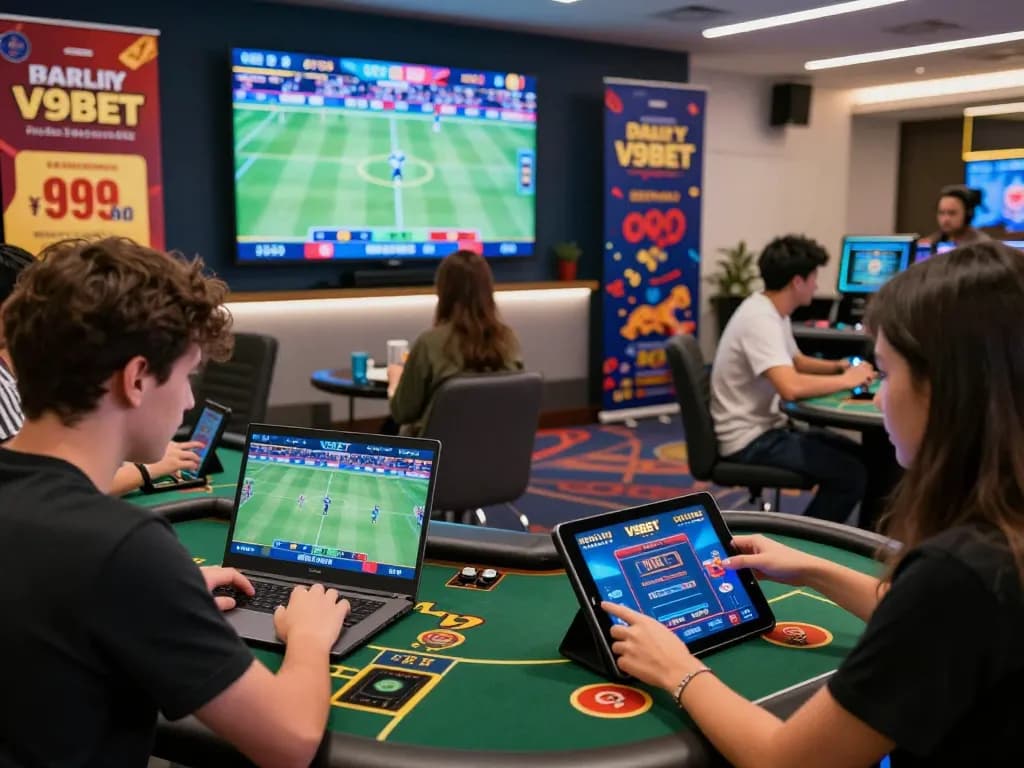 Exciting V9BET online gambling experience with players engaged in sports betting and live casino games in a modern lounge.