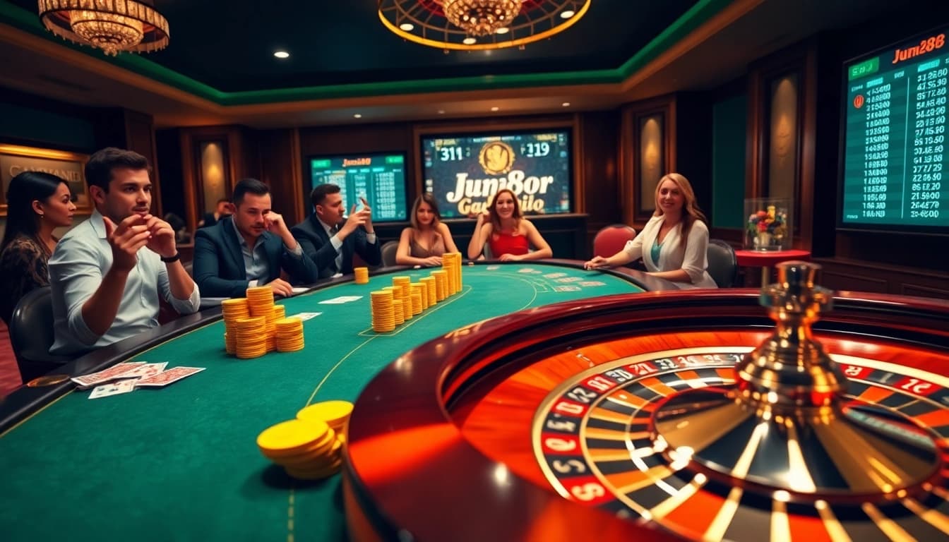 Experience the excitement of online gambling at https://jun88pl.com/, featuring a luxurious poker table and vibrant cards.