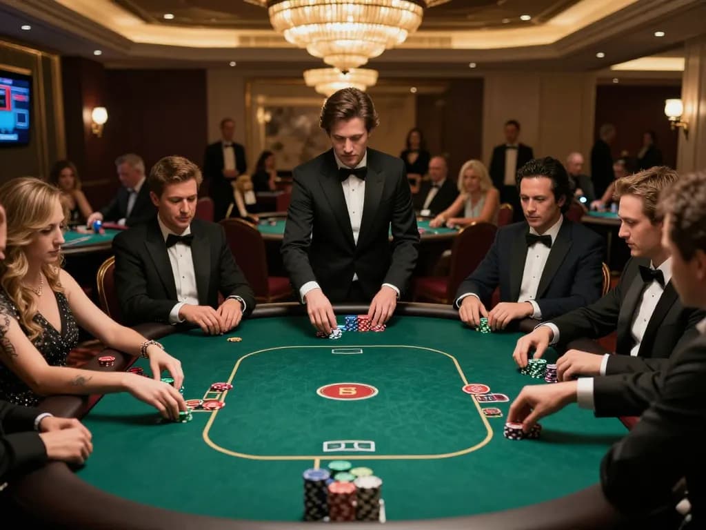 1gom players engaging in a high-stakes poker game at an upscale casino table