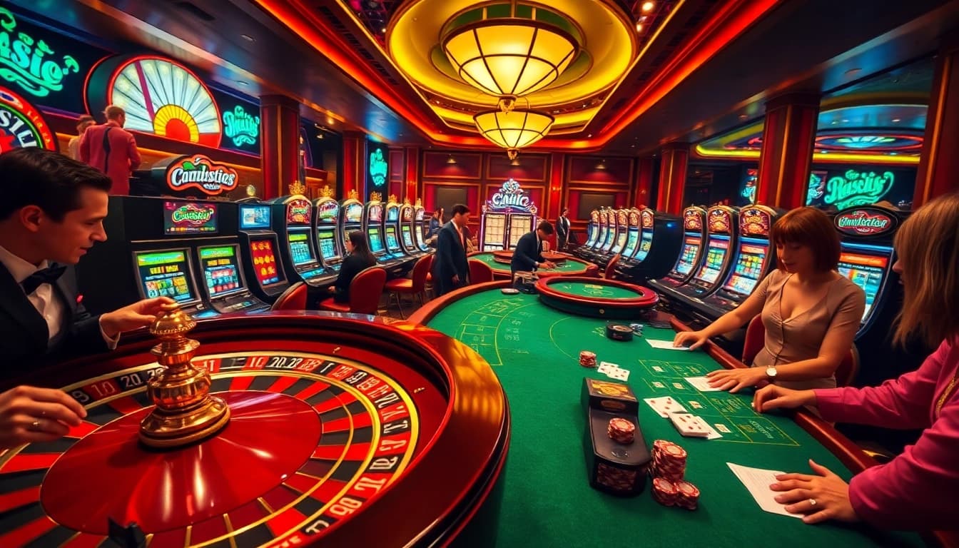 Experience the thrill of crushonia as players strategize at table games in a luxurious casino.
