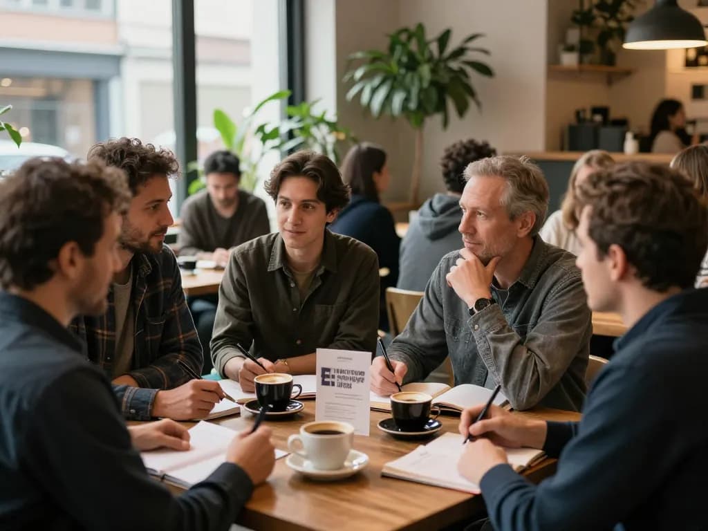 Men engaging in meaningful discussions at a manclub meeting in a cozy café