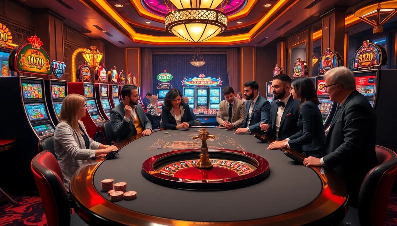 Exciting gambling action at a luxurious casino table showcasing 789P games and vibrant slot machines.