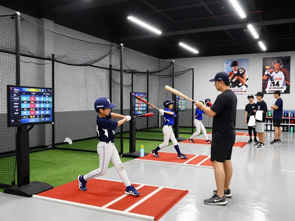 Young athletes training at hitclub's modern batting cages, with a coach providing guidance in an energetic environment.