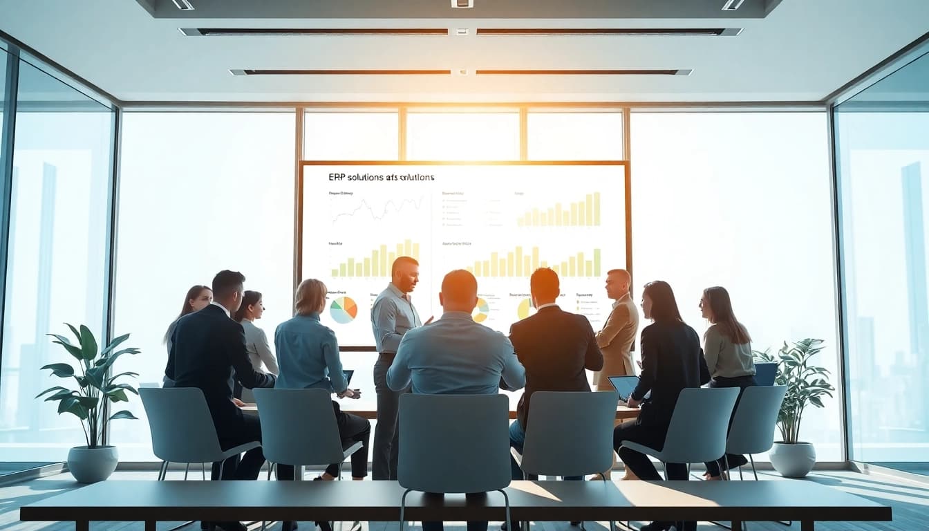 Logo ERP fiyat conversation in a modern office setting showcasing digital solutions.