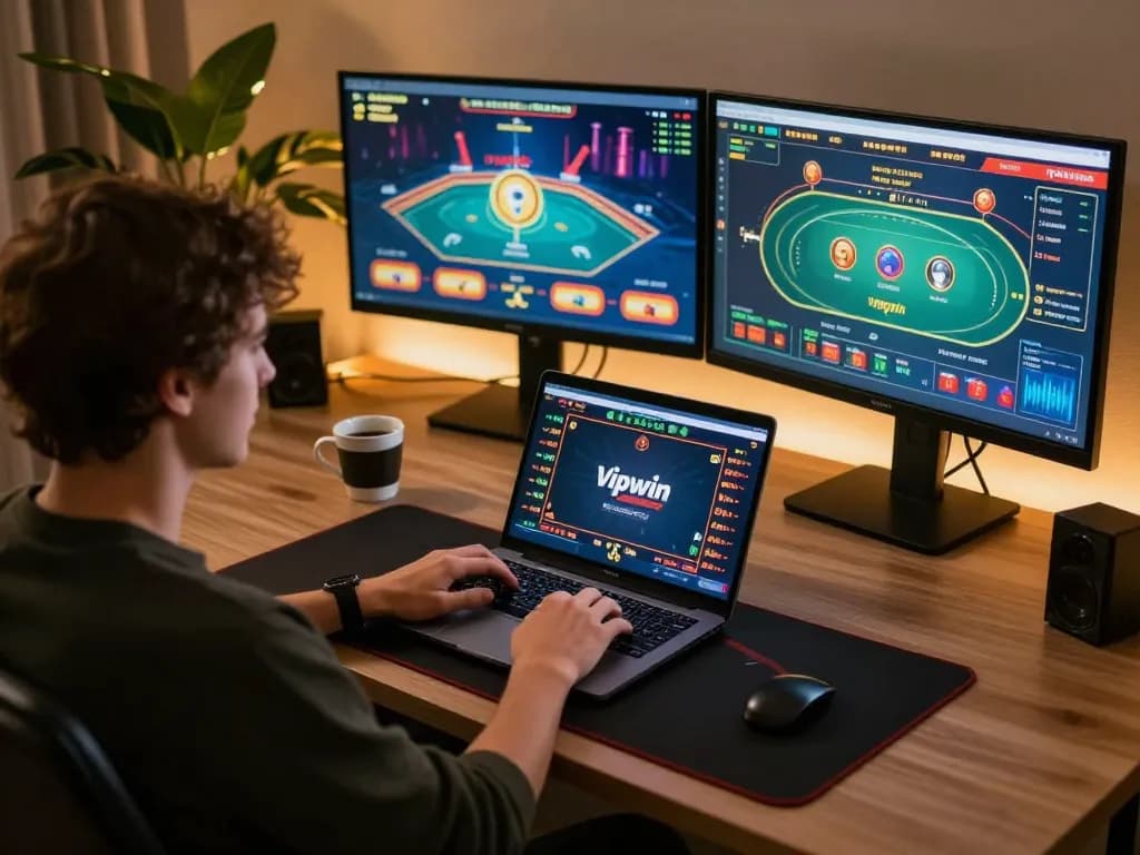 Vipwin online poker gaming scene with player focused at laptop and organized workspace