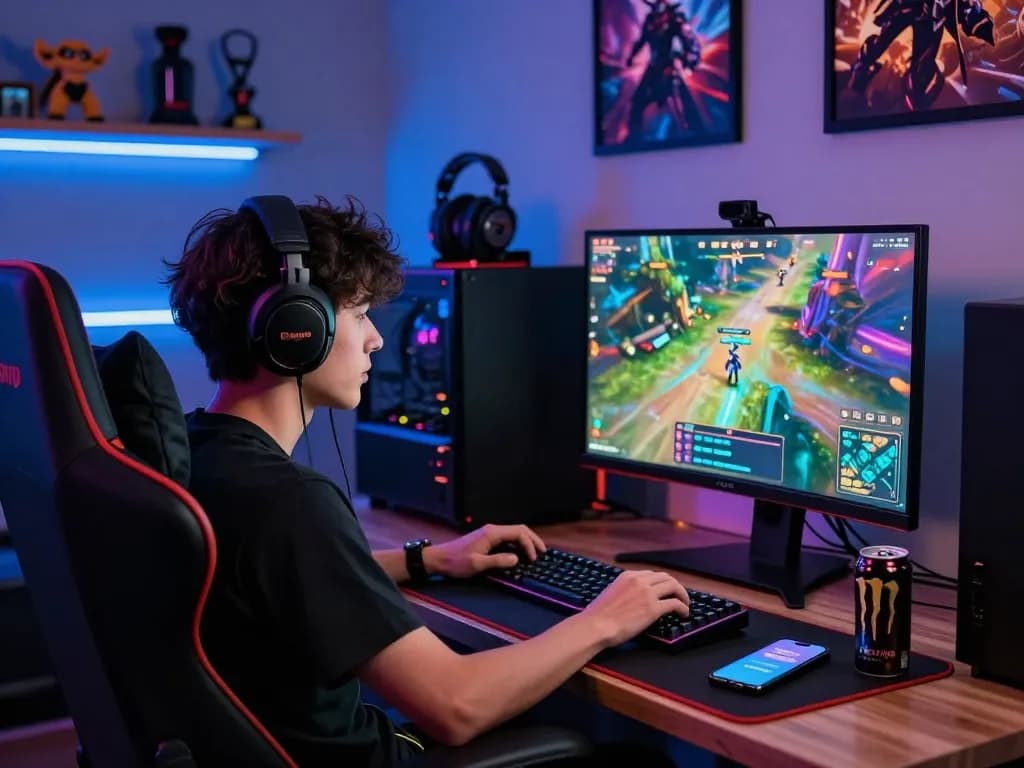 Engaging online gaming experience with Rikvip interface and gamer in cozy setup.