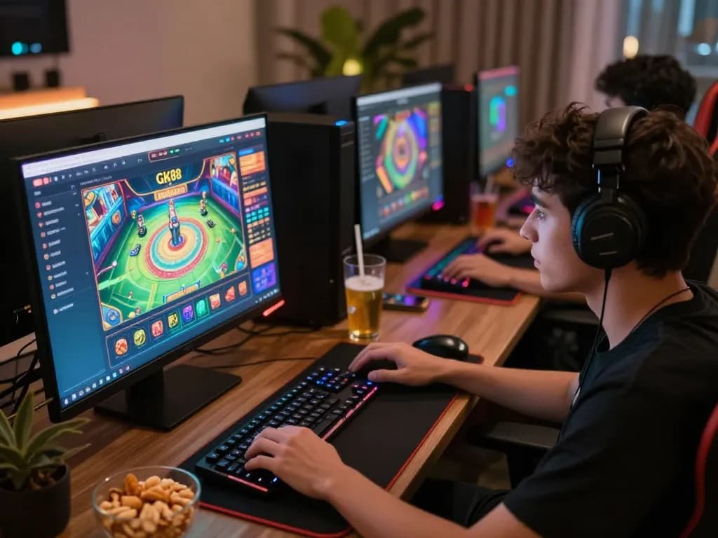 Engaging gameplay experience on GK88 casino platform with vibrant graphics and snacks nearby