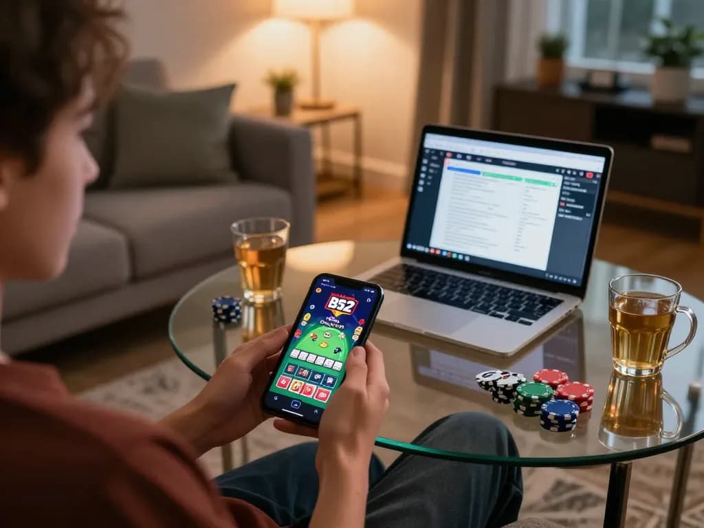 B52 players enjoying online gaming on smartphone with chips on the table in a cozy atmosphere.