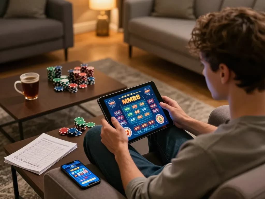Engaged user plays MM88 casino games on tablet in cozy home setting, emphasizing online gambling excitement.