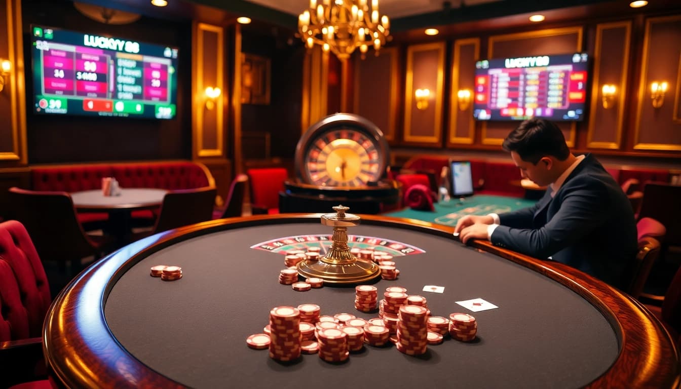 Lucky88 casino experience with vibrant gaming tables, cards, and chips at play.