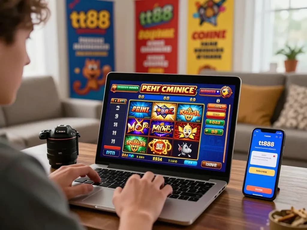 Enthusiastic player enjoying tt88 online gaming experience with vibrant graphics and laptop.