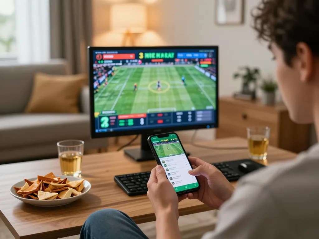 Kèo nhà cái betting on a smartphone in a cozy living room with live sports display.