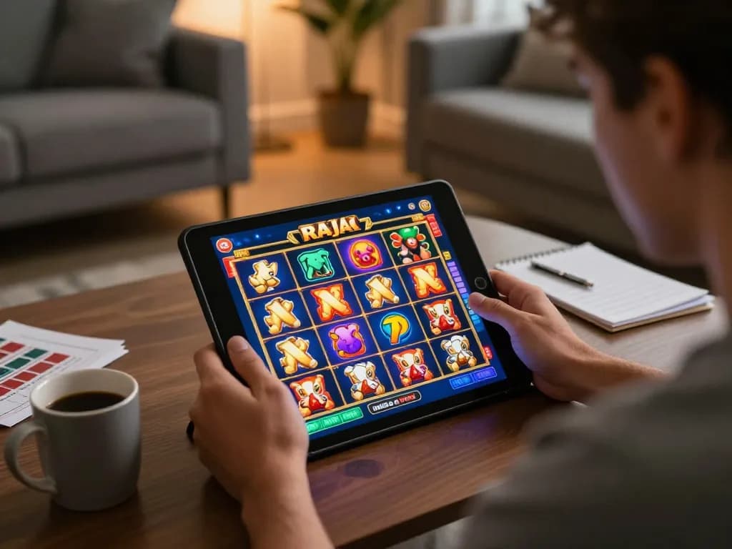 Engaging player analyzing raja slot game on tablet, cozy home atmosphere