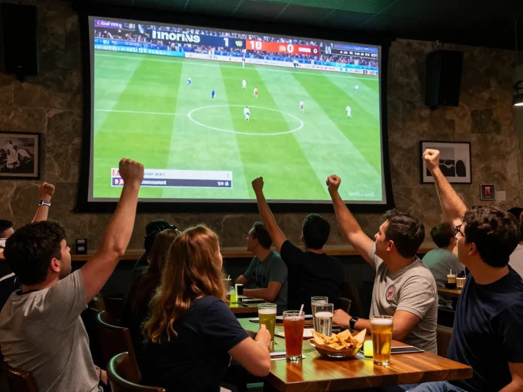 Socolive streaming live soccer match with fans enjoying at a sports bar