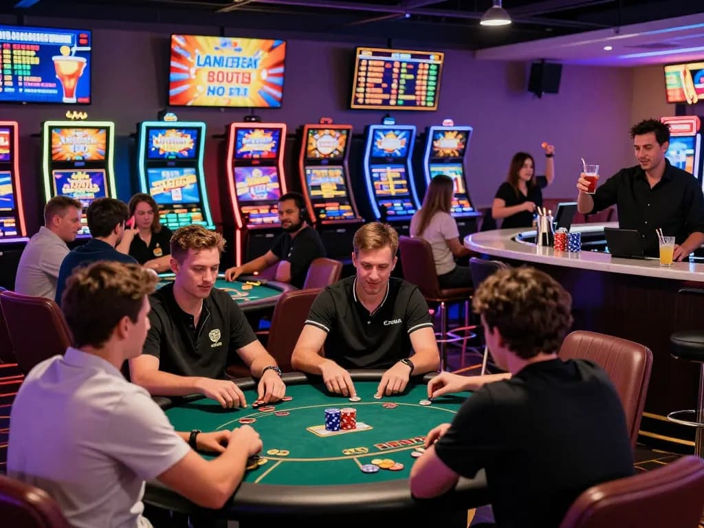 Dynamic gem88 online casino scene with players enjoying poker and slots, capturing the excitement of gambling.