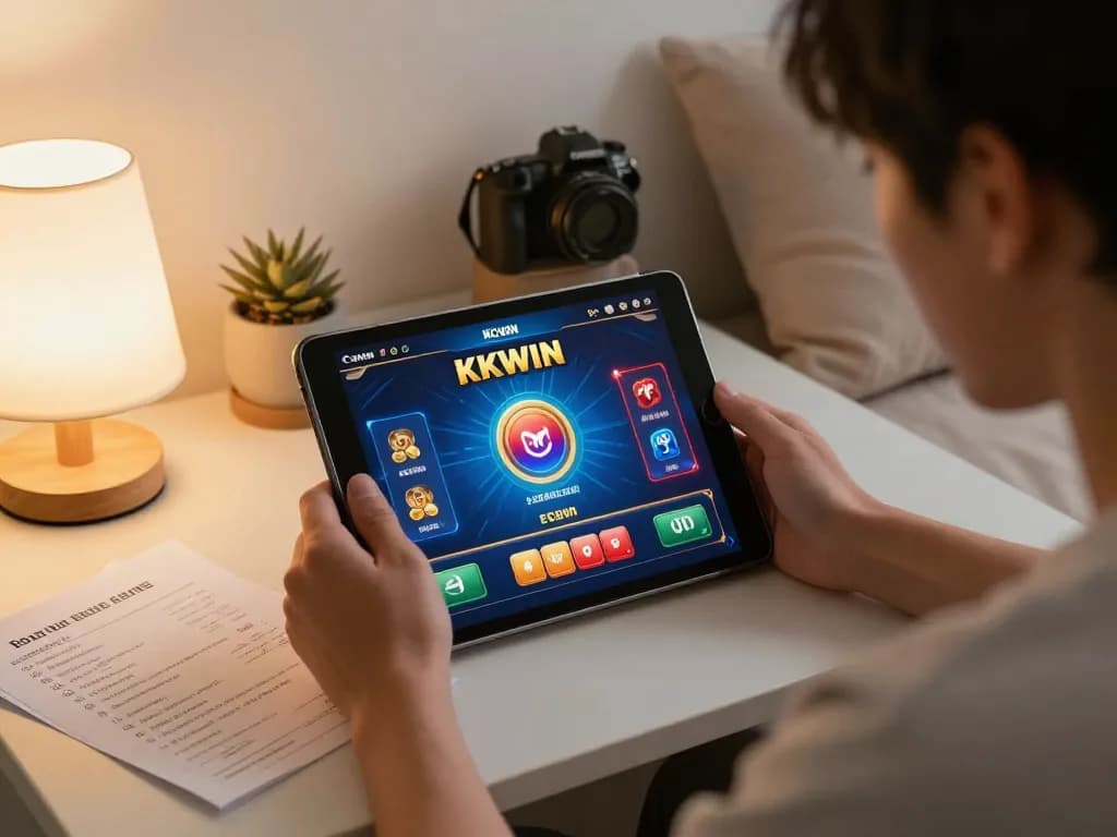 Player enjoying online gambling at KKWIN on a tablet in a cozy home setting.