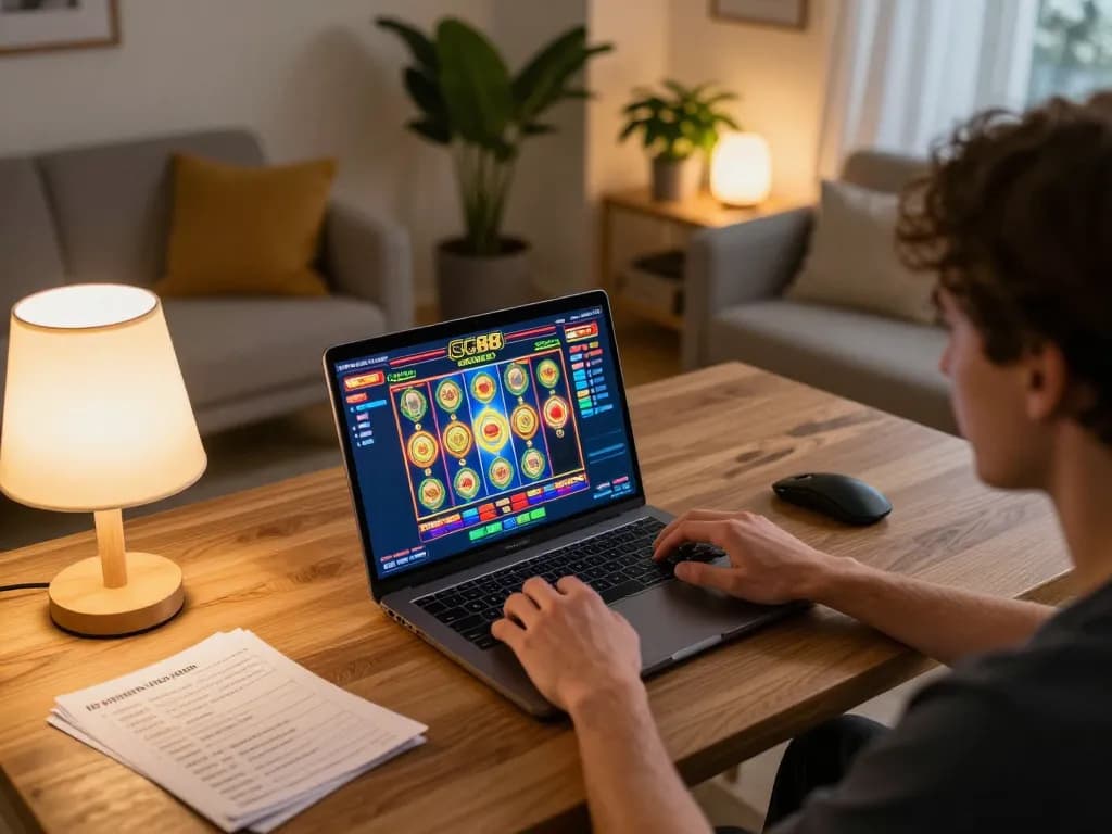 Player enjoying SC88 online slots with engaging graphics and cozy home decor