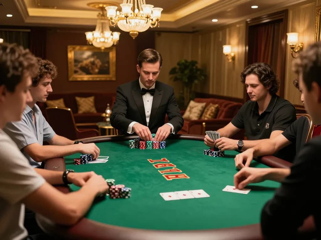 Players strategizing their bets at an upscale poker table at Okfun's elite gaming room.