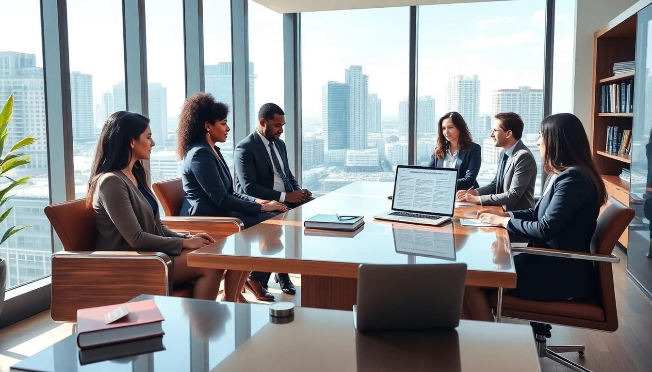 Immigration lawyer in the US consulting clients in a modern Miami law office.