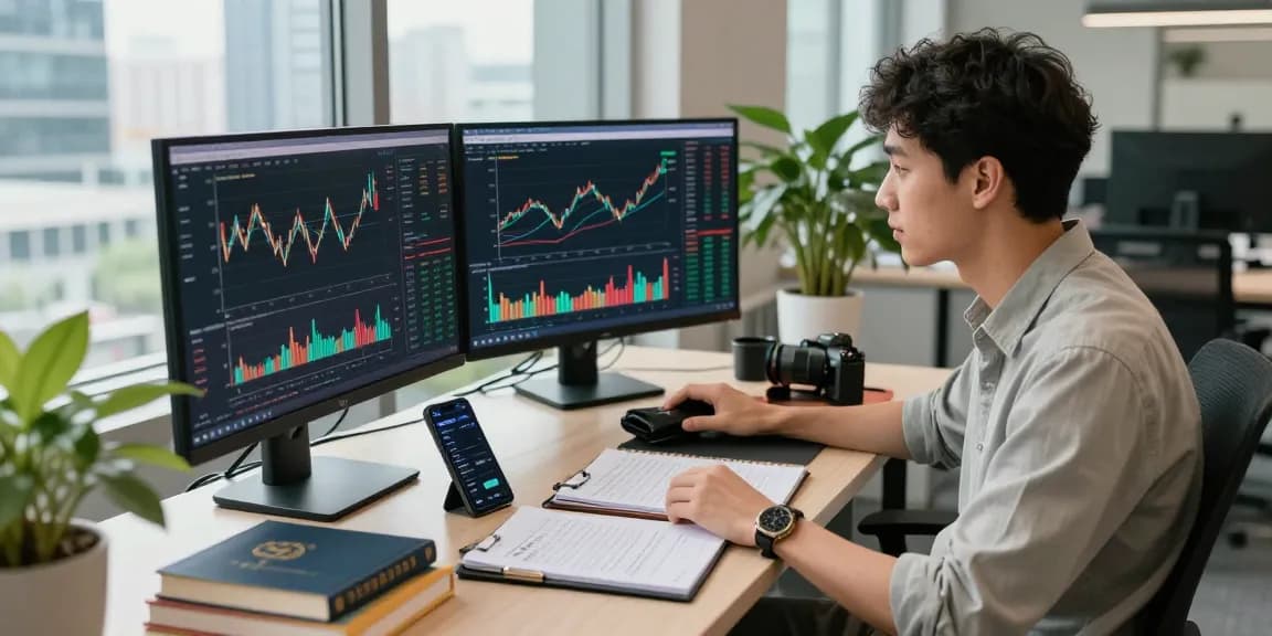 Buy BRICS coins in a dynamic workspace with multiple screens showing cryptocurrency trends.