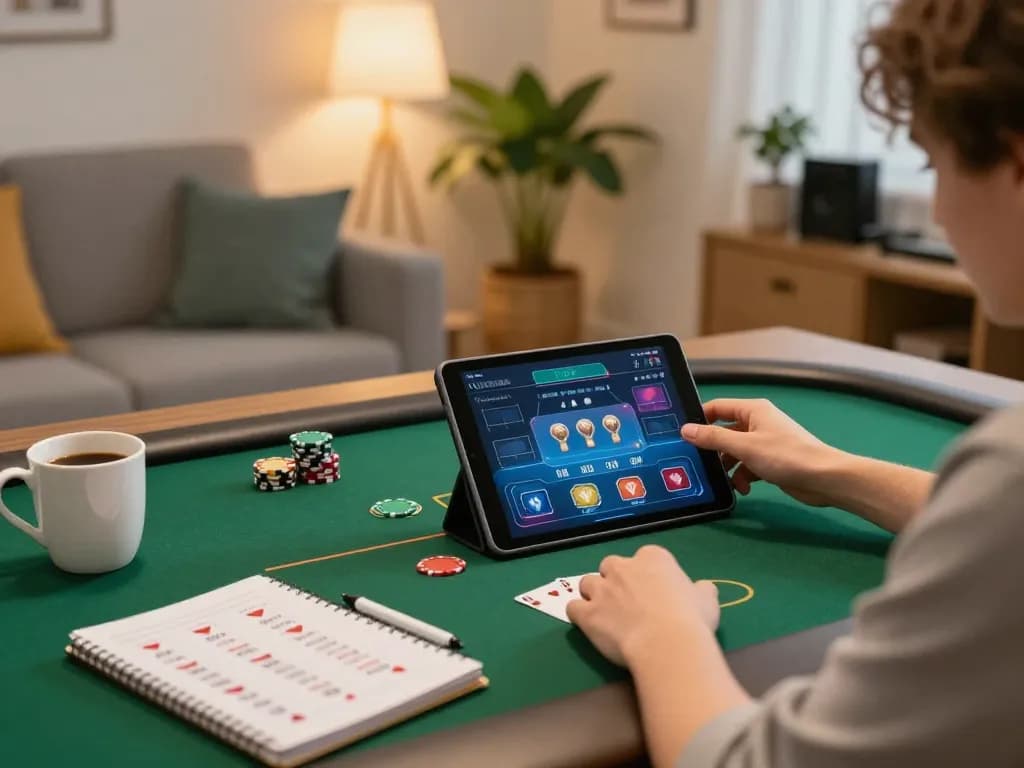 Haywin player engaging in online poker with strategy notes on a cozy setup, showcasing responsible gaming.