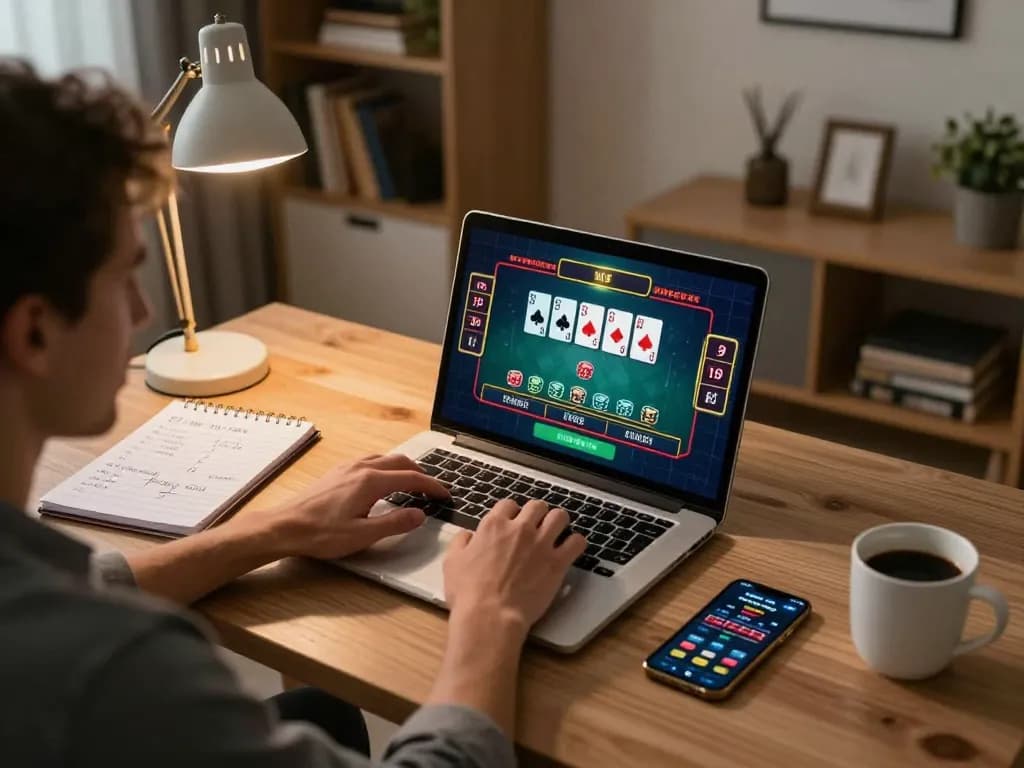 Player engaged in a live dealer game on ku bet from a stylish home office, showcasing strategic gameplay.