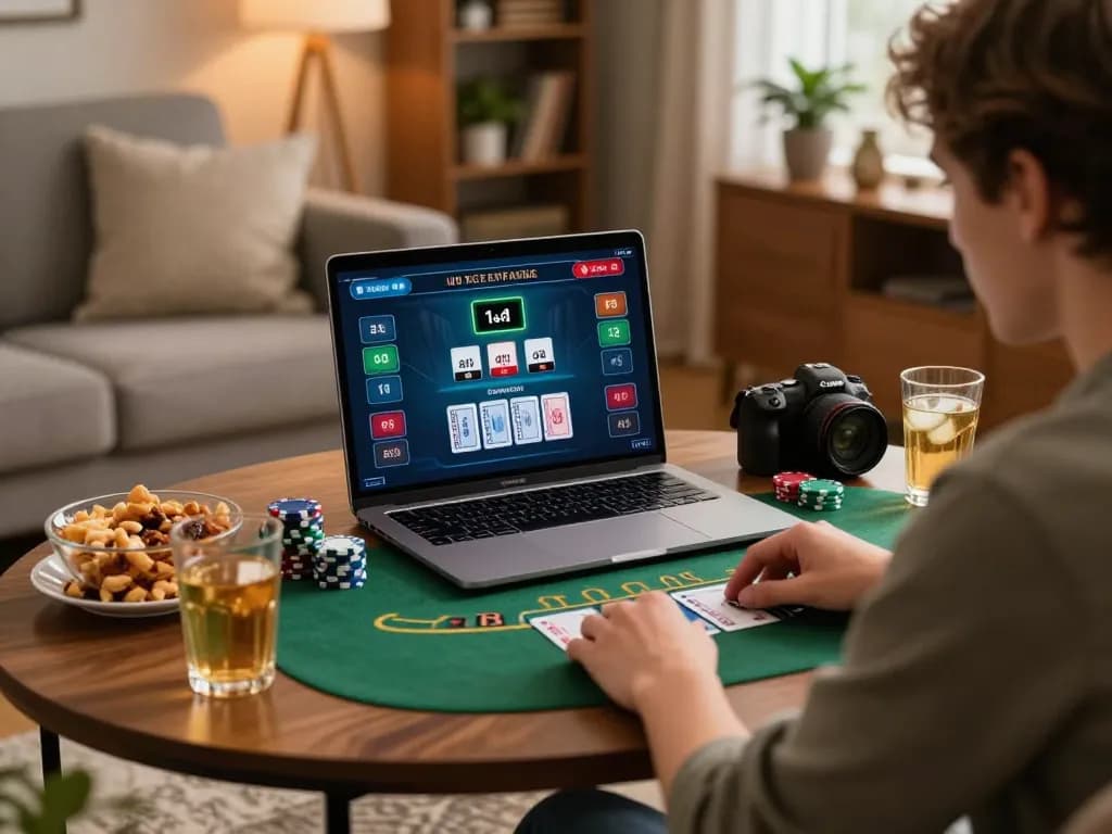 Engaging in a live dealer blackjack game at home with U888 on a laptop, showcasing responsible gambling.