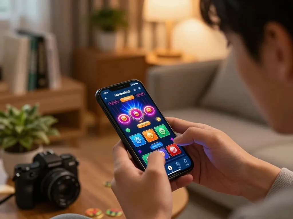 Player engaging with the taixiuonline8 casino app on a smartphone, surrounded by a cozy home atmosphere.