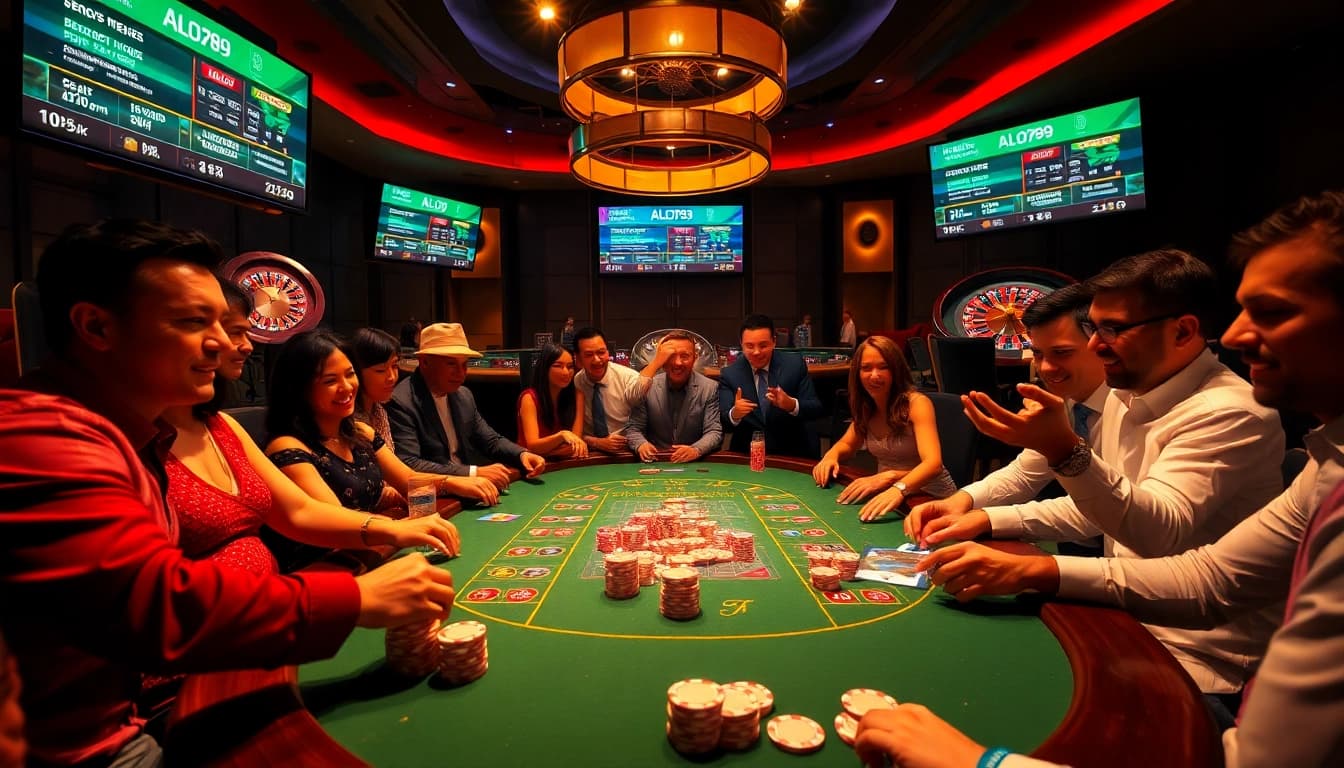 Experience the thrill of ALO789 with players at an upscale poker table enjoying a vibrant casino ambiance.