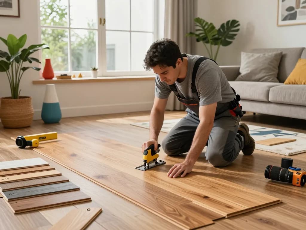 Flooring specialists near me installing hardwood flooring in a stylish home interior.