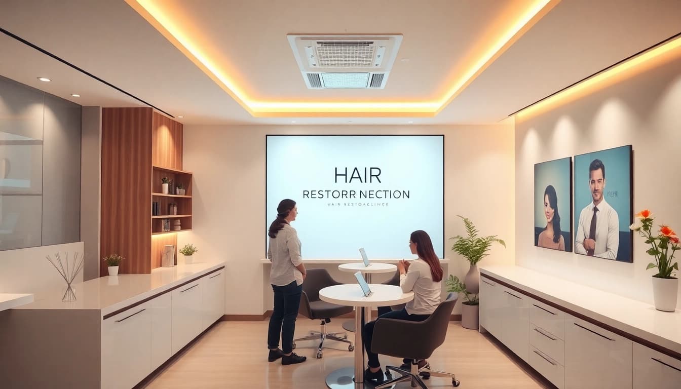 Patients discussing カミノクリニック 口コミ in a relaxing hair restoration clinic.