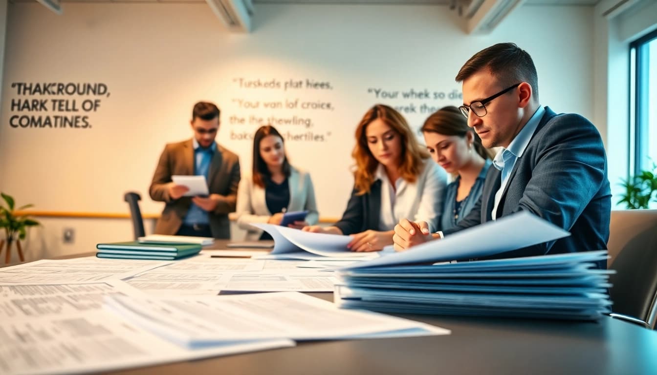 Engaging professionals providing background checks services with detailed reports in a modern office.