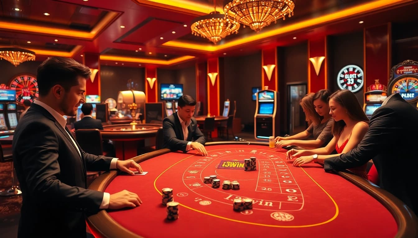 Players engage passionately at the 13win casino table, surrounded by vibrant gaming visuals.