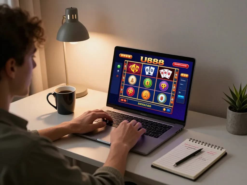 Engaging scene of a player exploring U888 online casino gaming strategy at home.