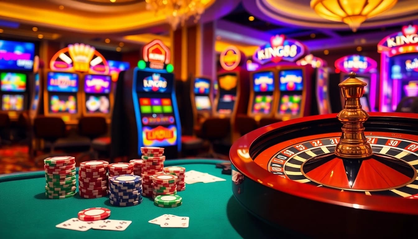Experience the excitement of king88 with vibrant casino tables and glamorous slot machines lighting up the scene.