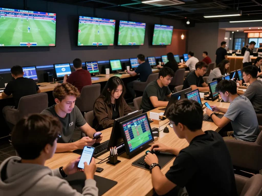 Engaged fans at Bongdalu's sports betting lounge enthusiastically placing live bets.