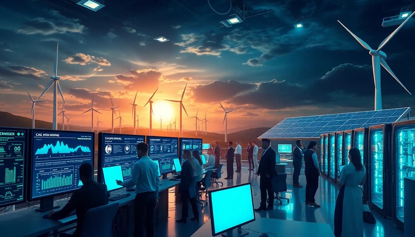 Free cloud mining facility showcasing sustainable energy sources and advanced AI technology for cryptocurrency mining.
