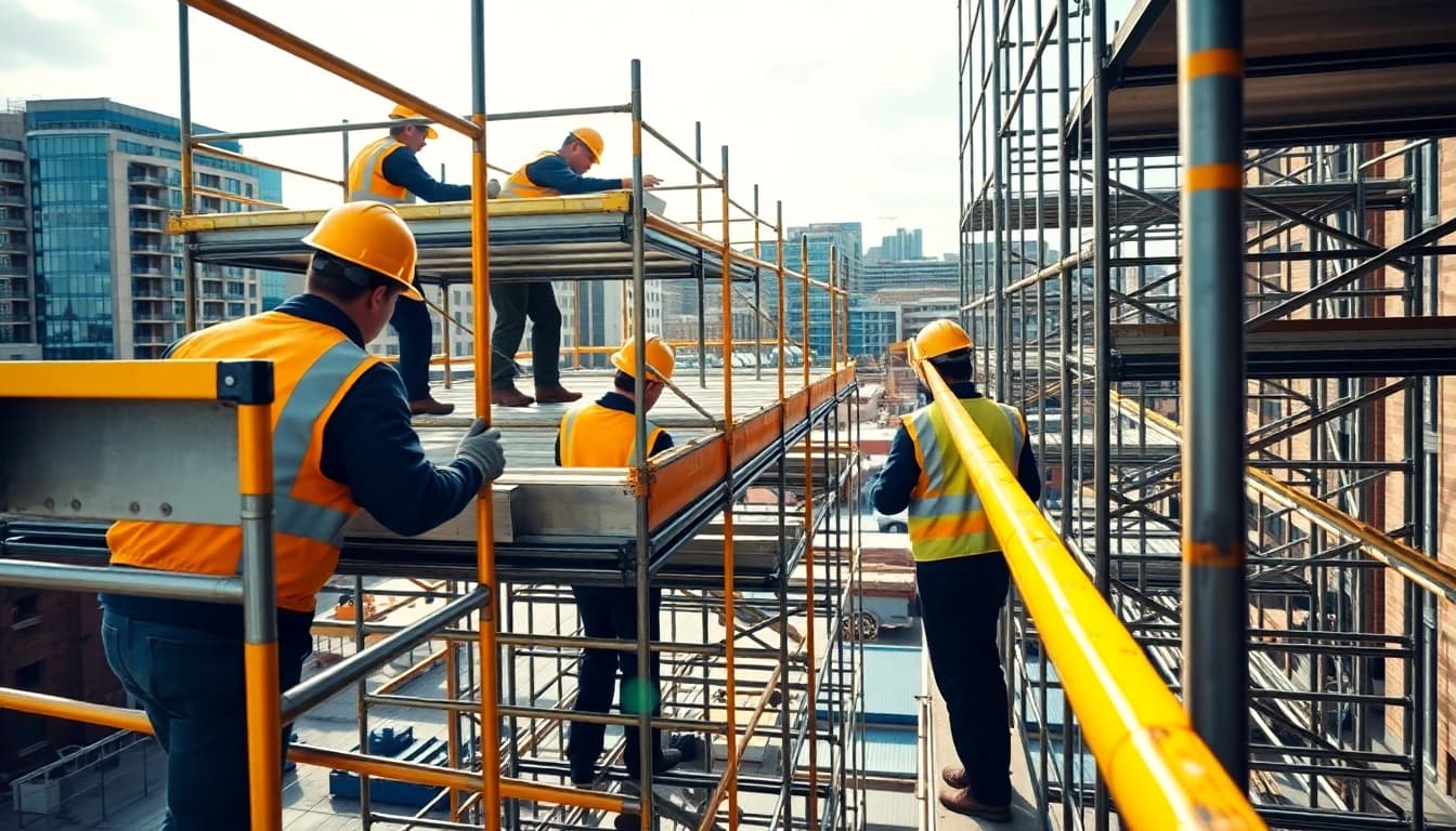 Workers expertly handling caffolding Bolton setup in a vibrant urban scene.