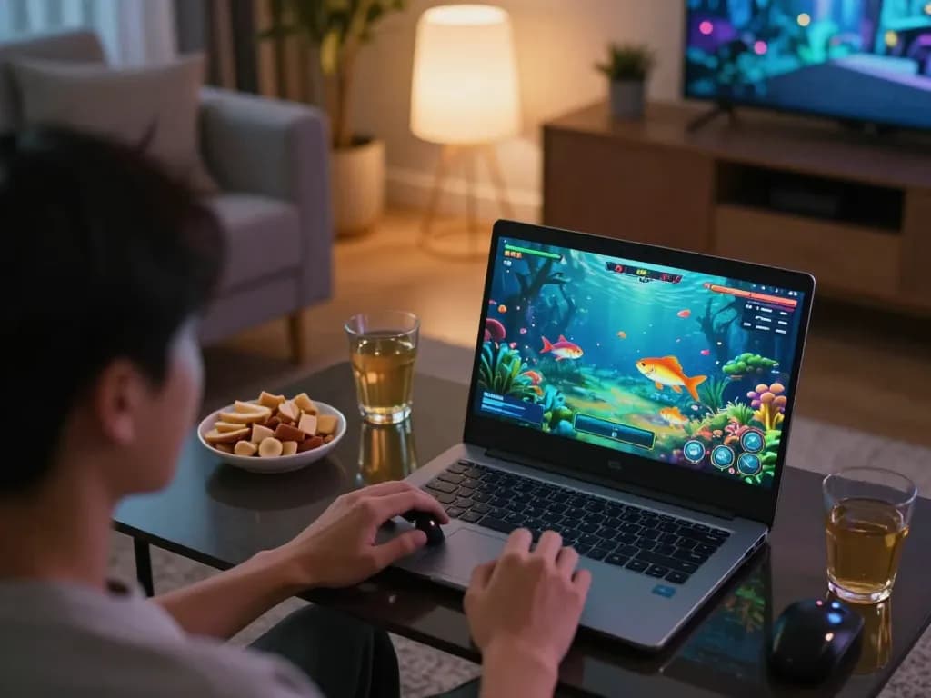Engaging in bắn cá đổi thưởng online gameplay at home with vibrant graphics and competitive atmosphere.