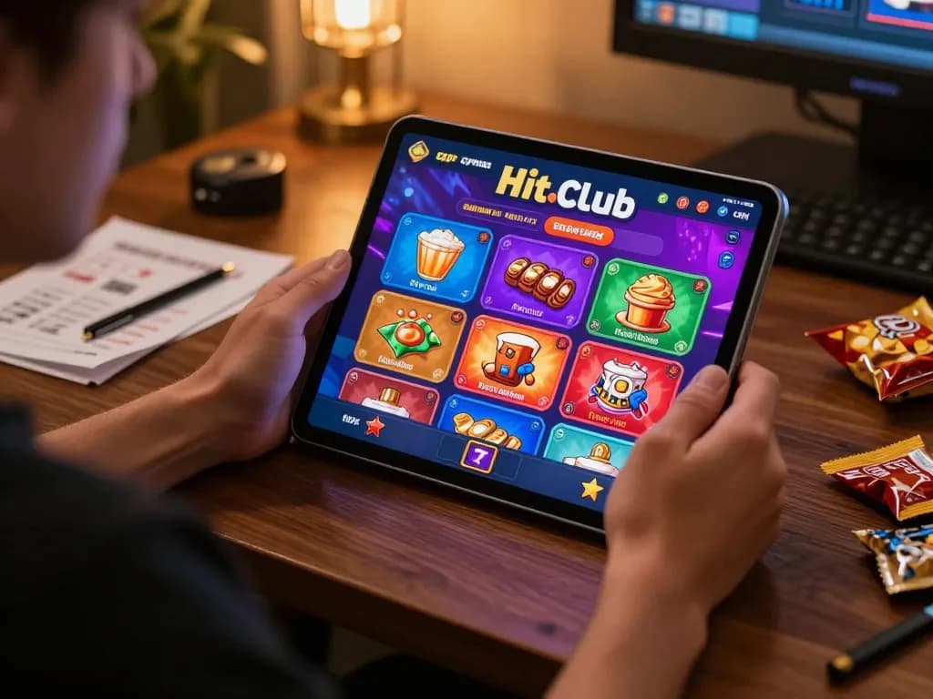 Hitclub player engaging with vibrant casino app interface in a cozy home setup.