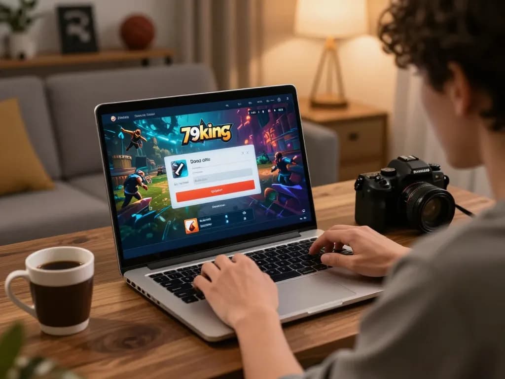 Engaging in Đăng nhập 79king from home laptop, showcasing vibrant online casino gaming environment.