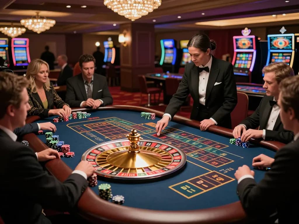 Spin the roulette wheel at iwin's vibrant casino scene with players placing bets and lively atmosphere.