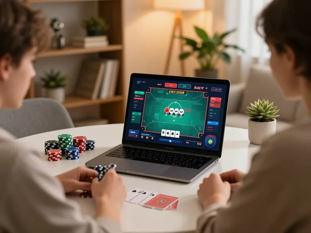 Engaging in online poker at home with iwin, colorful chips and cards visible on the table.