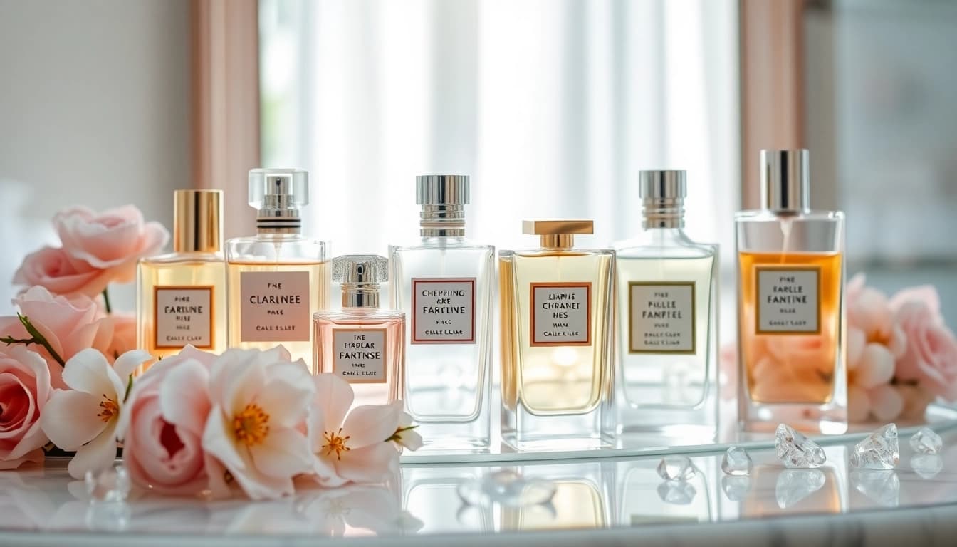Explore designer perfume dupes displayed elegantly on a vanity, showcasing their unique bottle designs.