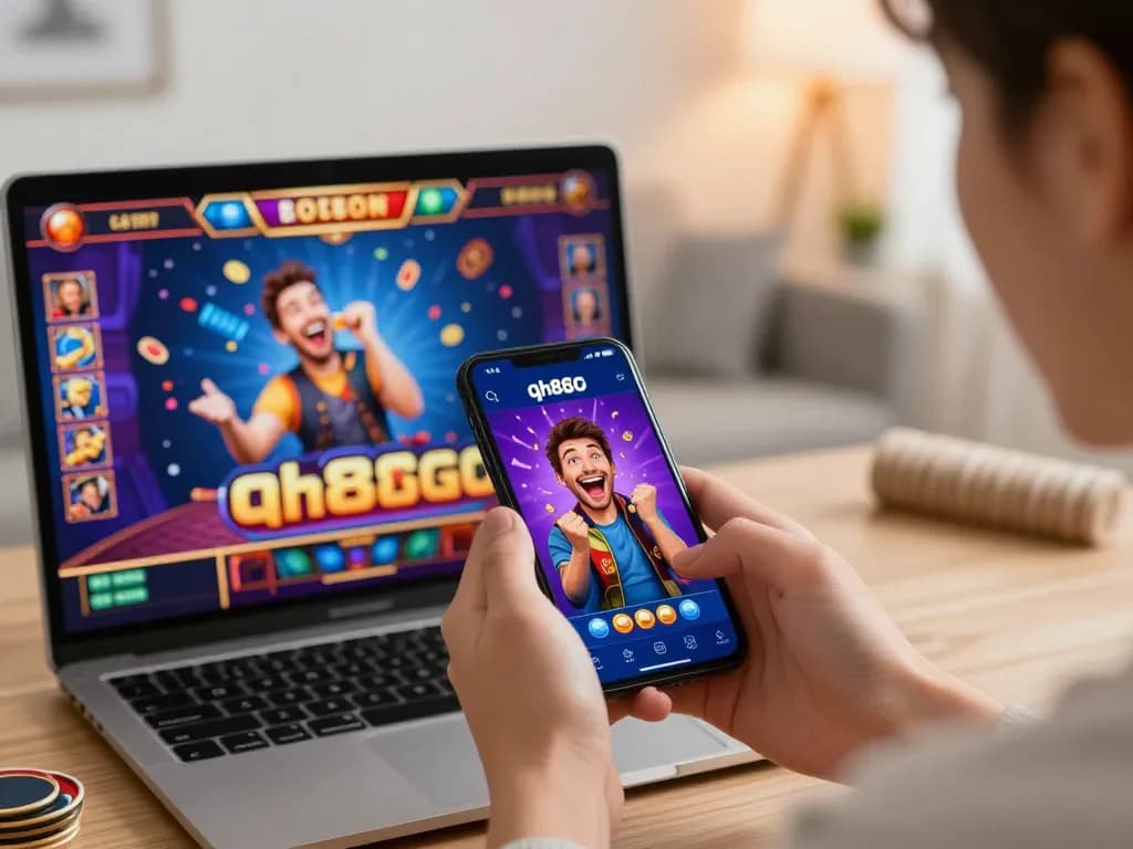 Experience the thrill of gaming on the qh88go app in a lively home setting.