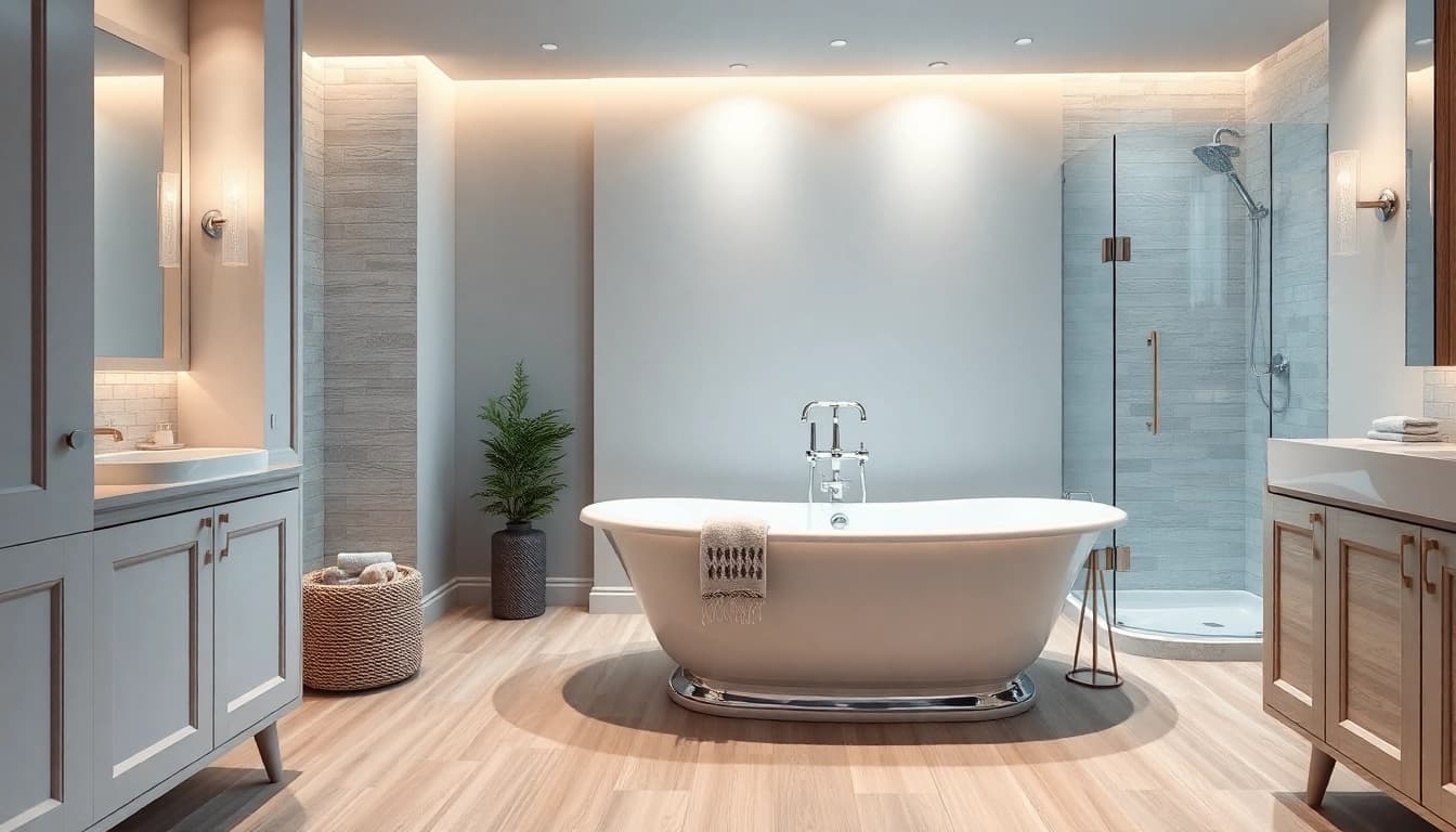 The serene elegance of a luxurious bathroom designed by skilled bathroom fitters showcasing a freestanding tub and walk-in shower.