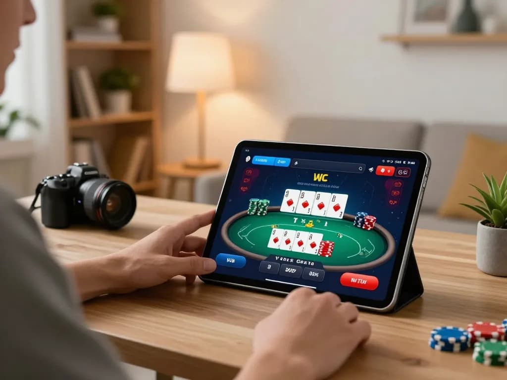Engaged user at https://tr88.golf/ playing poker on a tablet in a cozy home setting, showcasing online gaming.