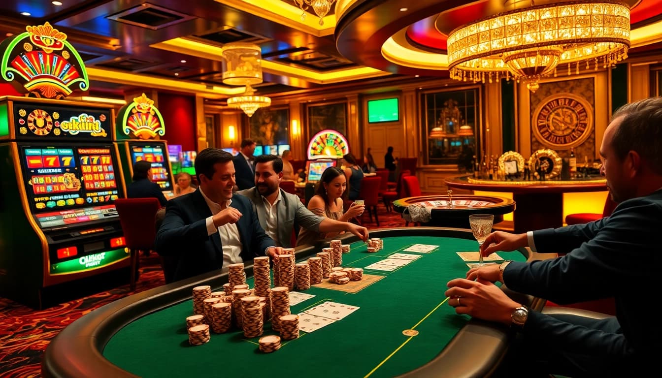 High-stakes poker excitement at an opulent casino featuring okking's vibrant atmosphere.