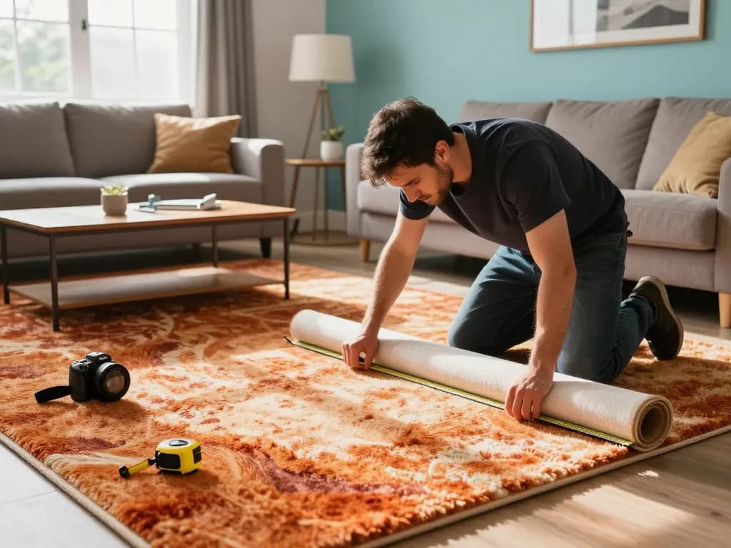 Expert home carpet fitting services in a cozy living room with skilled technician at work.