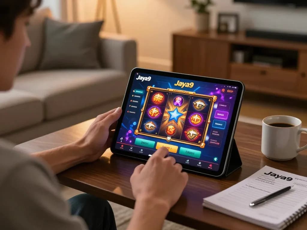 Player enjoying Jaya9 Official slots on a tablet in a cozy home environment.